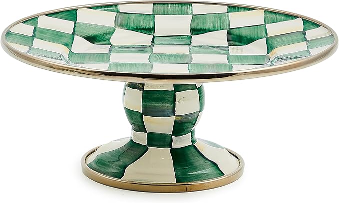 MACKENZIE-CHILDS Enamel Pedestal Platter, Round Cake Stand, Mini, Green-and-White Emerald Check