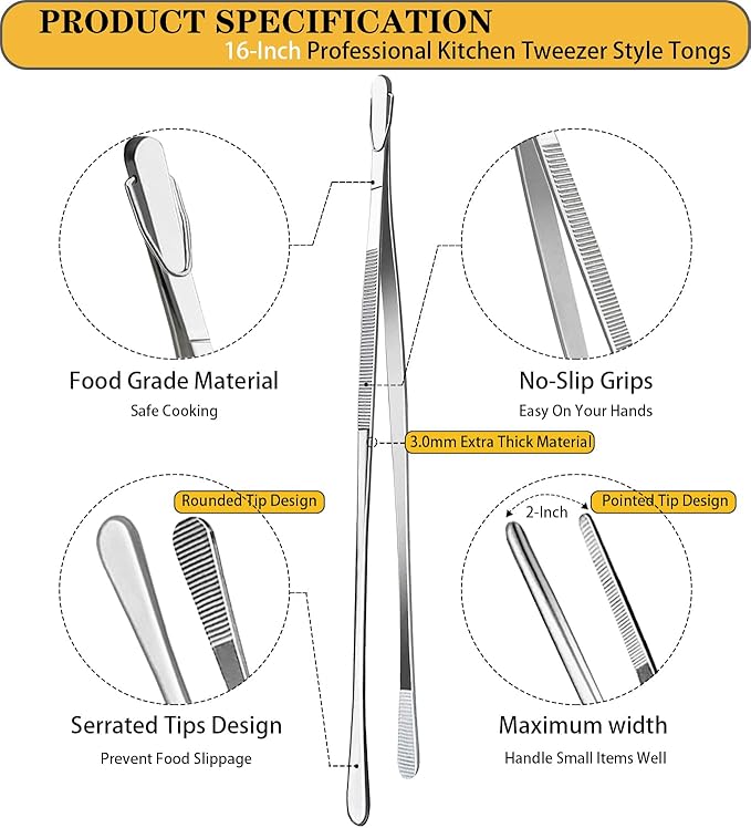 JETKONG 2 Pieces Extra-Long Tweezer Tongs 16-Inch Stainless Steel Tweezers Chef Tweezers (Point-Tips)