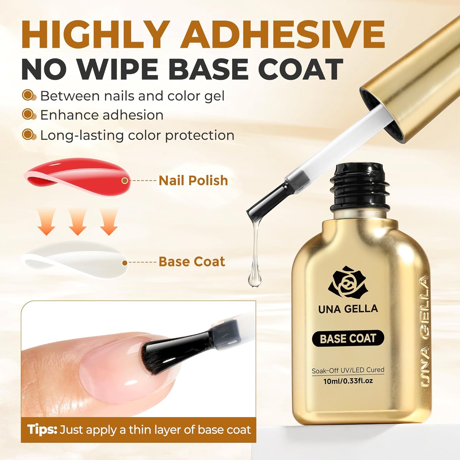 UNA GELLA No Wipe 2PCS Gel Top Coat Base Coat Set, Highly Glossy Top Coat Gel Nail Polish Strengthen and Acid-Free Clear Nail Base Soak Off, Key to Manicure for Her (U V Cure Need)-BrightBean Baby