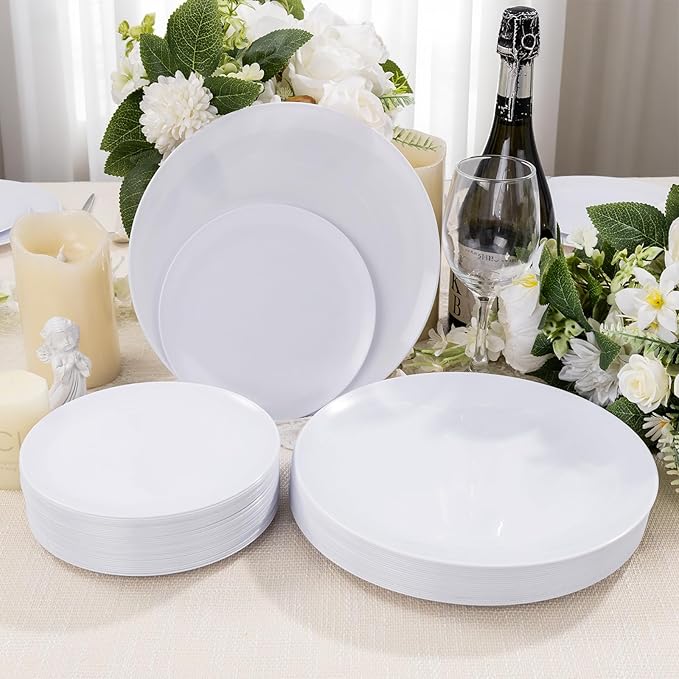 bUCLA 200PCS White Plastic Plates - Heavy Duty White Disposable Include 100 Dinner 10inch & 100 Dessert 7inch Plates, Ideal for Wedding&Party