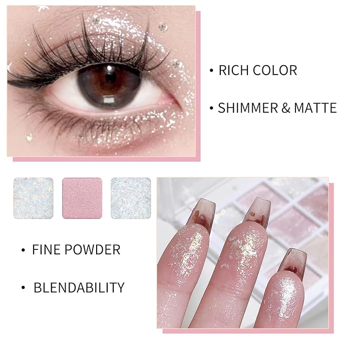 Erinde 9 Colors Eyeshadow Palette, Matte Shimmer Glitter Eye Shadow Palette Makeup, Highly Pigmented Long Lasting Waterproof, Colorful Sequins Sparkle Eyeshadow Makeup Pallet-BrightBean Baby