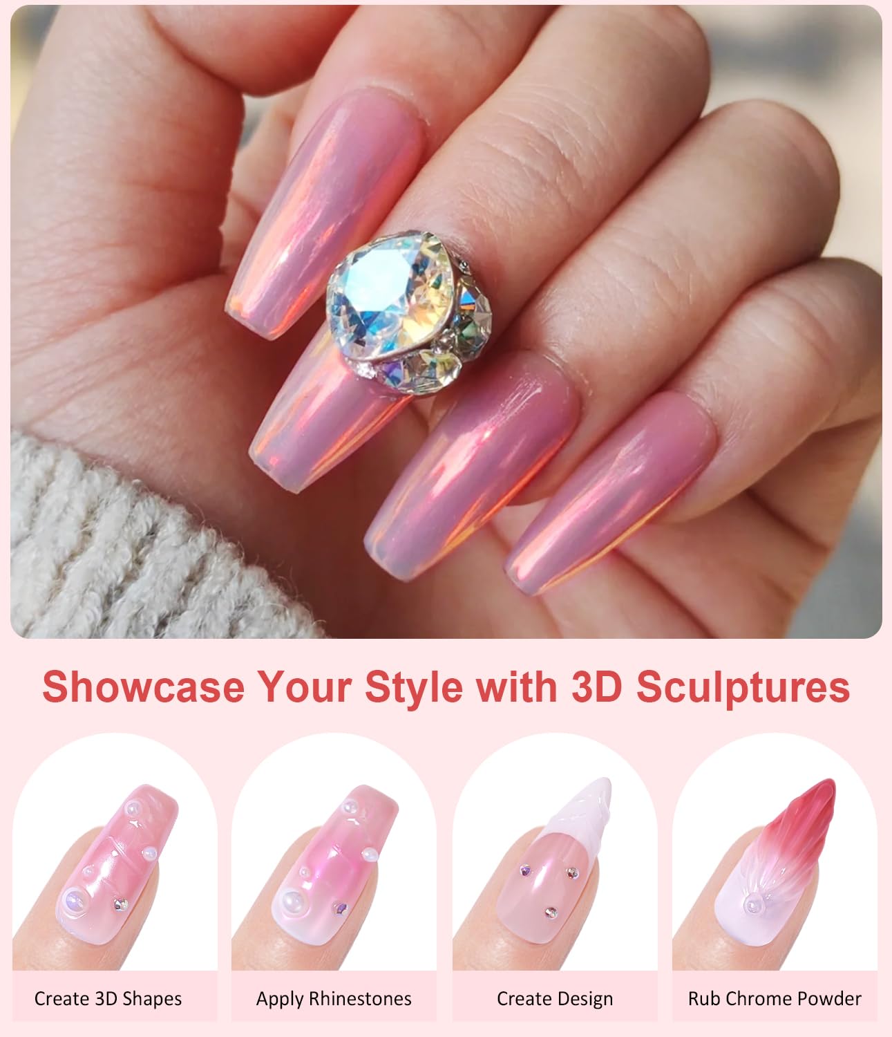 Pearl Chrome Nail Powder BISHENGYF -【Fairy Effect】 Pink Chrome Nail Powder White Pearlesent Aurora Mermaid Iridescent Nail Chrome Powder, Metallic Mirror Glitter Pigment Dust for Nail Art DIY 2PCS-BrightBean Baby