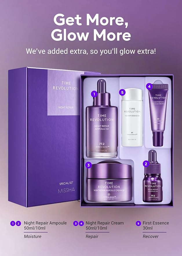 MISSHA Time Revolution Night Repair 5X Gift Set Night Repair Ampoule and Cream 5X, The First Essence 5X for Youthful, Glowing Skin-BrightBean Baby