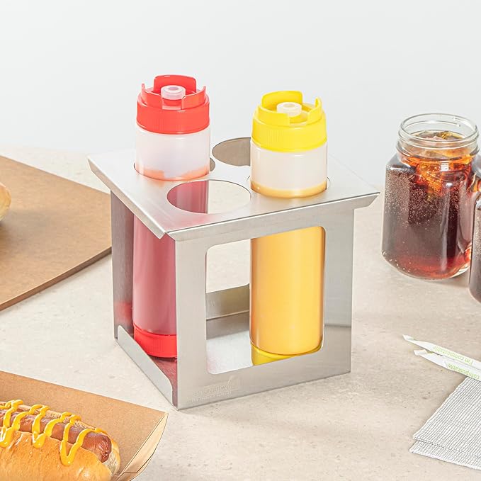 Restaurantware Squeeze Bottle Holder Pack of 1 Stainless Steel 4 Hole Bottle Holder, 2.5" Diameter Fits 1/6 Size Opening, Dishwasher Friendly Integrated Lip Design Holder for Condiment Bottles