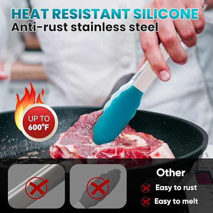 600℉ Heat Resistant Kitchen Tongs for Cooking with Silicone Tips,12-Inch Stainless Steel Locking Cooking Tongs Food Tongs for BBQ,Cooking,Salad and Serving Food,Heavy Duty,Non-Stick (Turquoise)