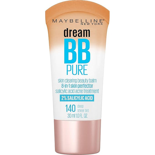 Maybelline Dream Pure Skin Clearing BB Cream, 8-in-1 Skin Perfecting Beauty Balm With 2% Salicylic Acid, Sheer Tint Coverage, Oil-Free, Deep, 1 Count-BrightBean Baby