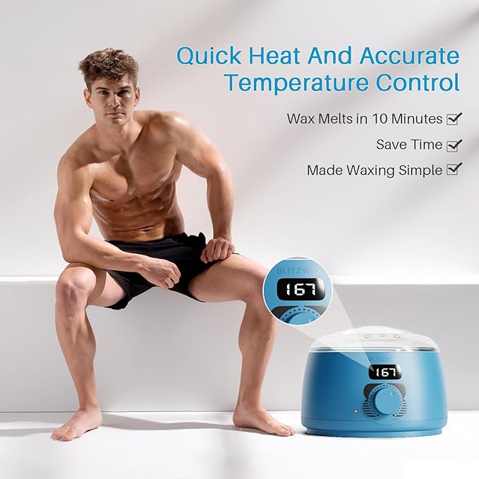 BLITZWAX Back and Nose Waxing Kit for Men, Hard Wax Warmer for Brazilian, Body and Face, At Home Hair Removal Kit, Beginner Friendly, Quick Heating, 93 Accessories, Royal Blue-BrightBean Baby
