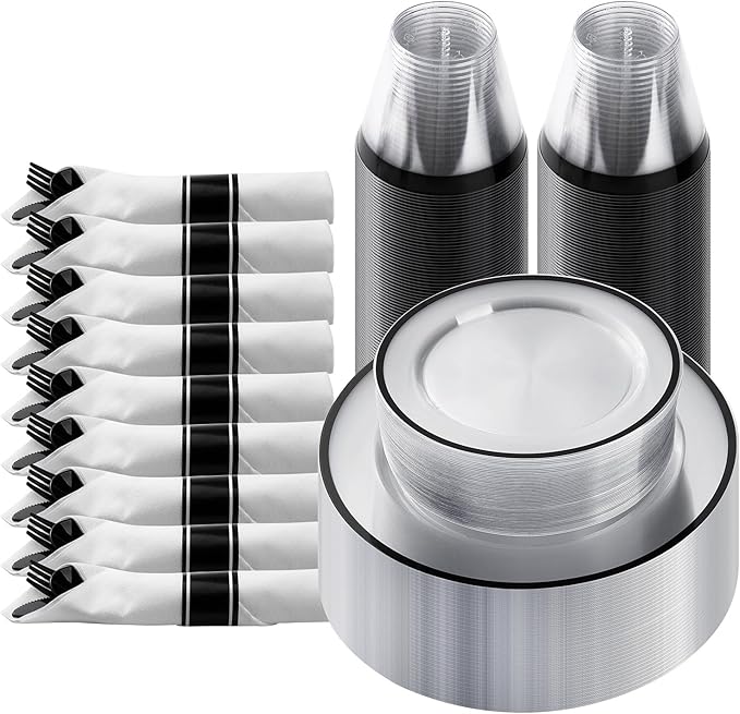 Goodluck 175 Piece Black Plastic Dinnerware Set for Party, Clear Disposable Plates for 25 Guests, Include: 25 Dinner Plastic Plates, 25 Dessert Plates, 25 Pre Rolled Napkins with Cutlery Set, 25 Cups