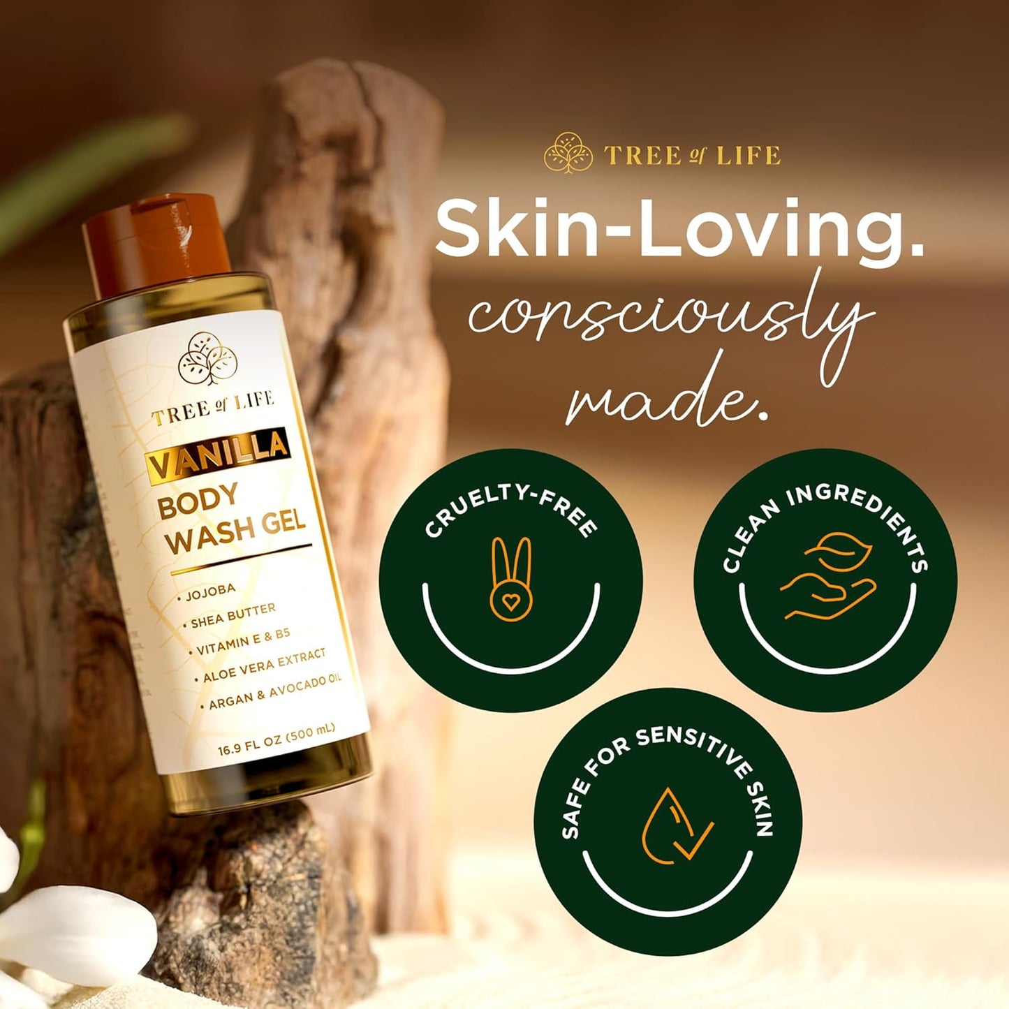 Tree of Life Vanilla Body Wash Gel - Moisturizing Shower Gel with Jojoba Oil and Shea Butter Hydrating Body Wash for Sensitive Skin and All Skin Types, 16.9 fl oz-BrightBean Baby