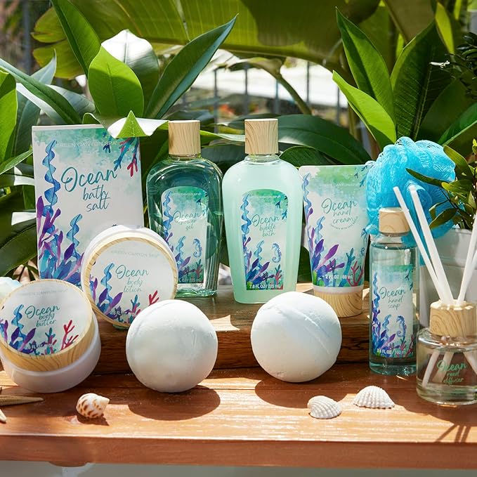 Green Canyon Spa Gift Baskets for Women, Bath and Body Gift Set for Women, 12Pcs Ocean Spa Sets Includes Bubble Bath, Body Lotion,Mothers Day Gifts for Her,Spa Baskets-BrightBean Baby