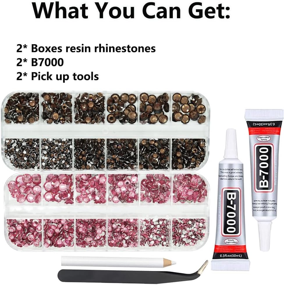 Brown And Pink Rhinestones with Glue(S8-S30) for Bedazzling,2mm-6mm Non-Hotfix Flatback Nail Gems Beads with B7000, Resin Nail GemsStones Diamond Kit for Bedazzle Crafting, Nails DIY Art Decoration-BrightBean Baby
