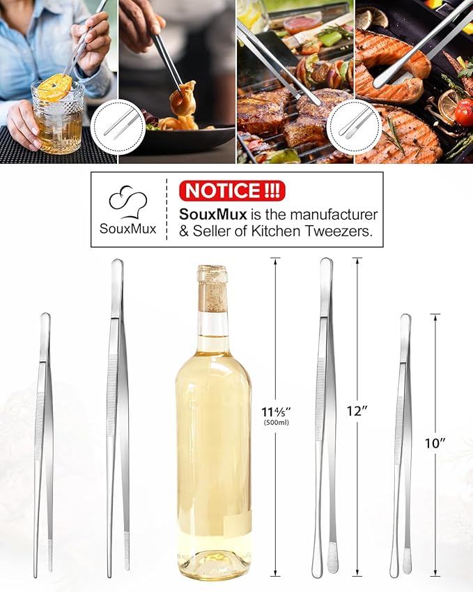 2 Pcs 10-inch Cooking Tweezers Tongs Precision Serrated Tips, Stainless Steel Professional Chef Tweezer Kitchen Tools for BBQ, Plating and Serving (Silver)