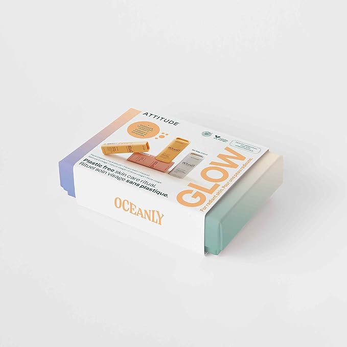 ATTITUDE Oceanly Radiant Skin Daily Facial Care Routine Box Set, EWG Verified, Plastic-free, Plant and Mineral-Based Ingredients, Vegan and Cruelty-free, PHYTO GLOW, Set of 4 Travel Size Bars-BrightBean Baby