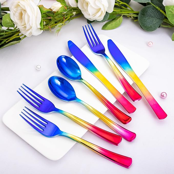 Supernal 120pcs Rainbow Plastic Silverware Set Colorful Party Utensils Blue Pink Gold Plastic Silverware Include 40 Rainbow Forks, 40 Gold Knives and 40 Blue Spoons for Trolls Party