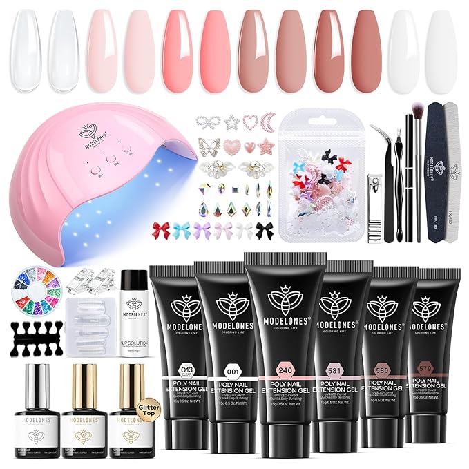 Modelones Poly Extension Gel Nail Kit, 6 Colors Pink Nude with 48W U V/LED Lamp Slip Solution 3D Bow Pearl Charms Decoration Rhinestone Glitter Tools for Manicure Beginner Starter Kit DIY at Home-BrightBean Baby