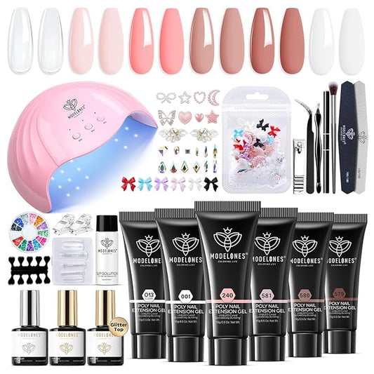 Modelones Poly Extension Gel Nail Kit, 6 Colors Pink Nude with 48W U V/LED Lamp Slip Solution 3D Bow Pearl Charms Decoration Rhinestone Glitter Tools for Manicure Beginner Starter Kit DIY at Home-BrightBean Baby