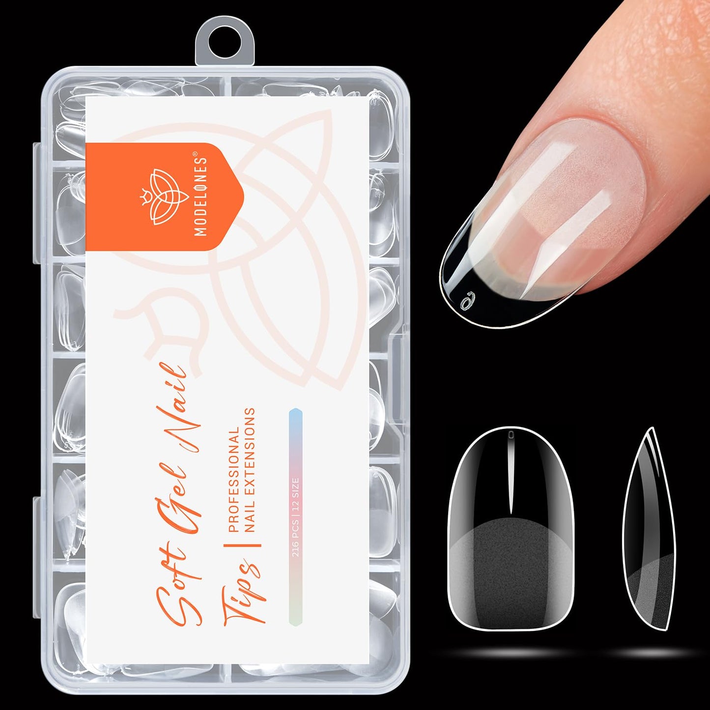 modelones Short Oval Nail Tips, Pre-shaped Soft Gel Tips Fake Nails False Acrylic Clear Full Cover Press on Extension Kit Gel Manicure DIY at Home 216PCS 12Sizes-BrightBean Baby