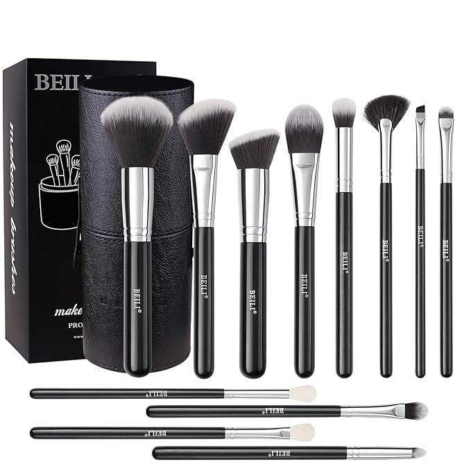 BEILI Makeup Brushes 12pcs Makeup Brushes Set with Holder Premium Synthetic Kabuki Foundation Brush Blending Blush Concealer Full Face Makeup Brushes Kit With Gift Box(Black)-BrightBean Baby
