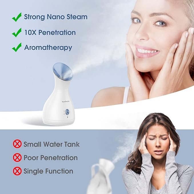 Newbealer 2in1 Facial Steamer, Hot Mist Facial Aromatherapy Humidifier Atomizer, Large Face Steamer Unclogs Pores Sinuses Moisturizing, Home Sauna Spa with Eyebrow Set (Blue, 170ml)-BrightBean Baby