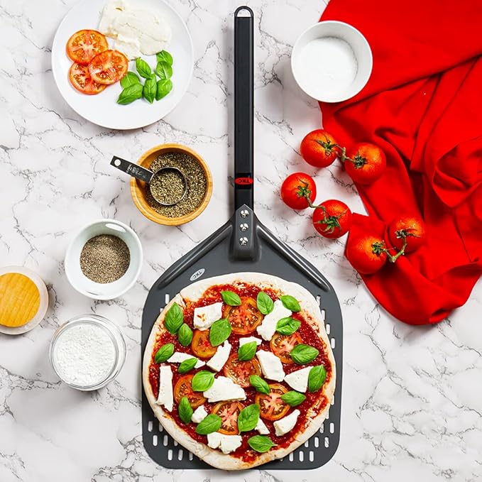 TKC Perforated Pizza Peel - 12" Metal Pizza Turner compatible with Ooni Ovens, Indoor & Outdoor Use, Durable and Heat-Resistant Handle, Lightweight Pizza Spatula (Black)