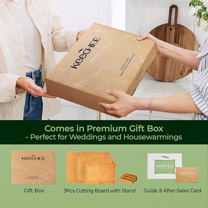 Atelier Collection Bamboo Cutting Board Set of 3, Reversible Boards for Kitchen with Juice Grooves, Handcrafted Luxury Cutting Boards, Large Wood Chopping Board for Cooking and Serving