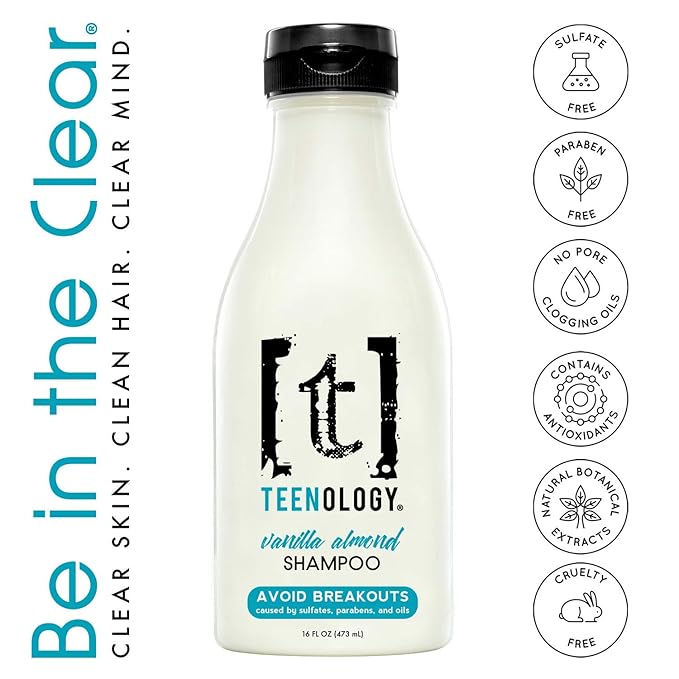 Teenology Shampoo for Teens, For Clear Skin and Healthy Hair, Natural Botanical Extracts, 16 oz. (Vanilla Almond)-BrightBean Baby