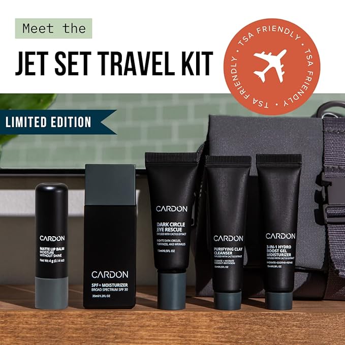 Cardon Jet Set Travel Sized Mens Skin Care Kit, Cactus Based Korean Skin Care Men, Includes SPF Sunscreen Moisturizer, Dark Circle Eye Rescue Cream, Clay Cleanser, 3-in-1 Hydro Gel, Lip Balm- Gift Set-BrightBean Baby