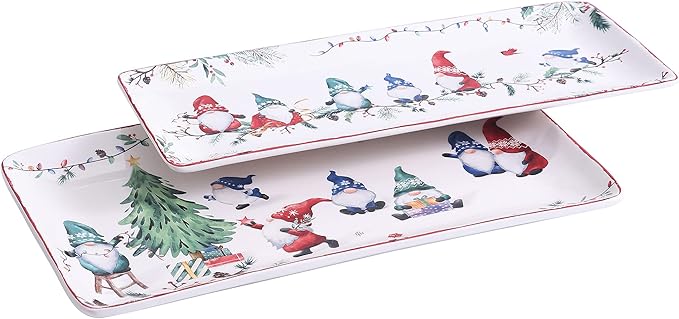 Bico Christmas Gnomes Ceramic Rectangular Serving Platters Set of 2, 14 Inch, Microwave & Dishwasher Safe, Large and Medium Platters for Appetizers, Cheese, Salad, Pasta