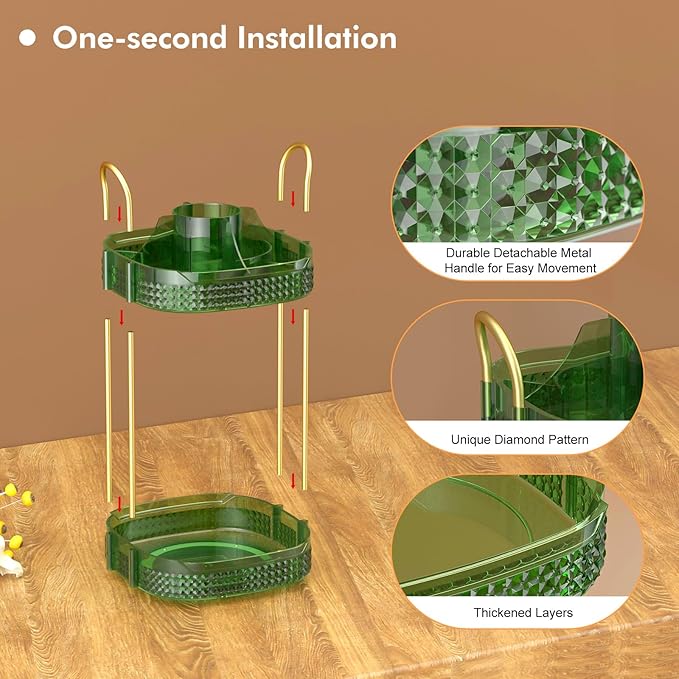 Awenia Rotating Makeup Organizer 360, Stackable Adjustable Large Capacity Cosmetic Storage Unit,Dresser Bathroom Kitchen Countertop Organizer with Metal Handle, Plus Size (Gem Green, 2 Tier)-BrightBean Baby