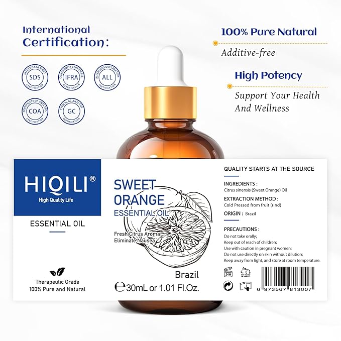 HIQILI 30ML Sweet Orange Essential Oil - Pure and Natural for Diffuser, Skin - 1 Fl Oz-BrightBean Baby
