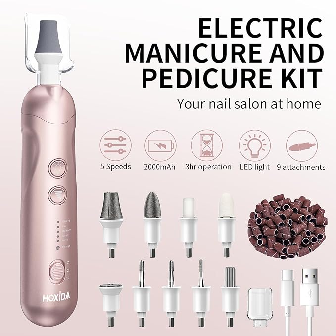 Cordless Electric Nail File Set, Rechargeable Pedicure Tools for feet, Professional Manicure Pedicure Kit 5 Speeds Hand Foot Care Nail Drill for Thick Nail Toenail Cuticle Women Men Pets-BrightBean Baby