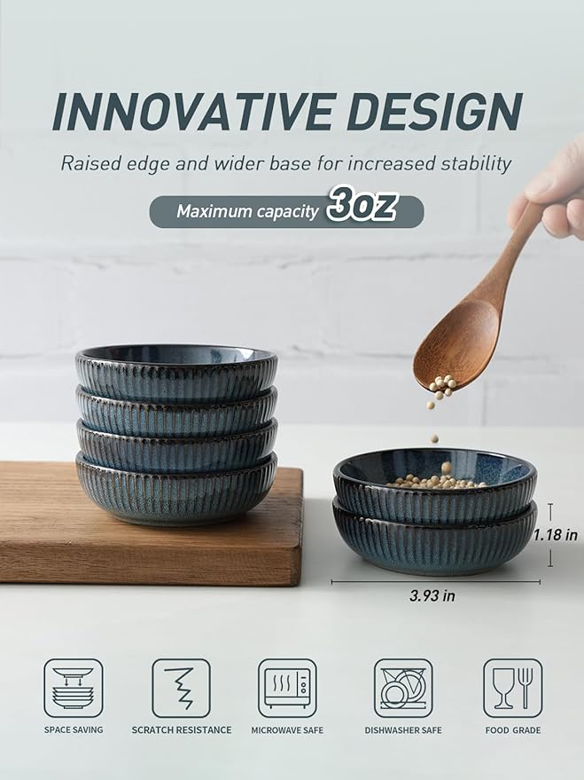 famiware Starlight Soy Sauce Dish Ceramic Dipping Bowls Set of 6, 3 oz Individual Dip Sauce Cups/Bowls/Dishes/Plates, Small Serving Bowl for Side Dishes, Dessert, Ice Cream, Condiment, Starry Blue