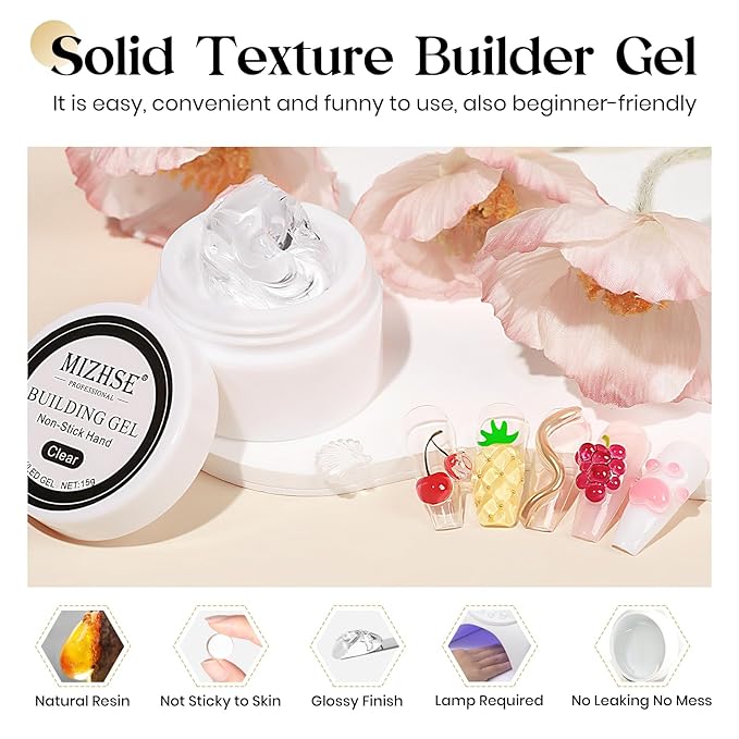 MIZHSE Solid Builder Gel for Nails, Clear Non-Sticky Sculpting Gel, 3D Nail Art Carving Building Modeling Hard Nail Extension Soak Off UV/LED Nail Art Salon Home DIY 15g-BrightBean Baby