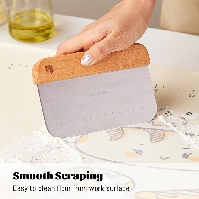 Bench Scraper & Chopper, Stainless Steel Dough Cutter with Wooden Handle, Thick Sharp Blades Pizza Bread Cutter, Multipurpose Kitchen Tool for Baking Cooking