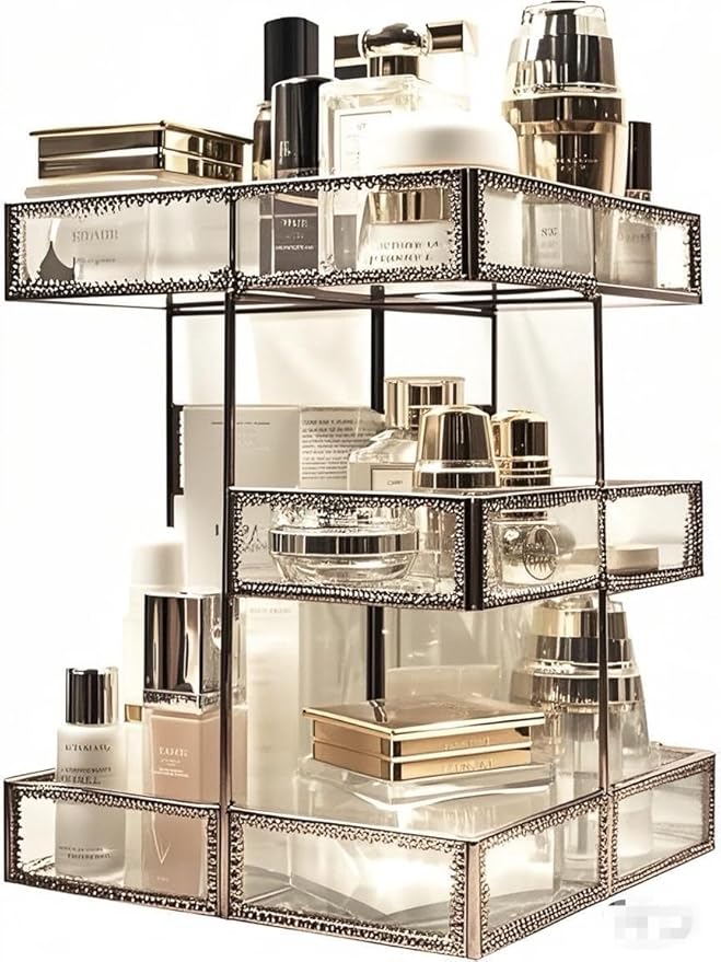 Vintage Glow Antique 360 Degree Rotating Makeup Organizer,4-Tier Spinning Perfume Tray,Countertop Cosmetic Storage,Glass Beauty Display,Retro Large Capacity Vanity Organizer for Brushes Skincare-BrightBean Baby