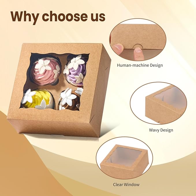RomanticBaking 50 Pack 4 Cupcake Boxes with insert,6'' x 6'' x 3''Brown Kraft Cupcake Containers Food Boxes for Cookies,muffin,cakesicles