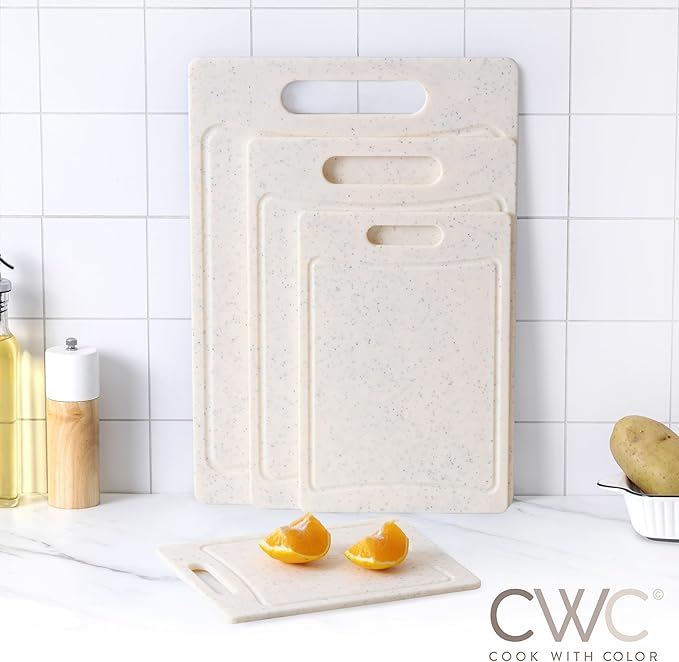 COOK WITH COLOR Non-Slip Cutting Board Set – Kitchen Essentials with Easy Grip Handle for Meat, Veggies, and Fruits, 4 Cutting Boards, White