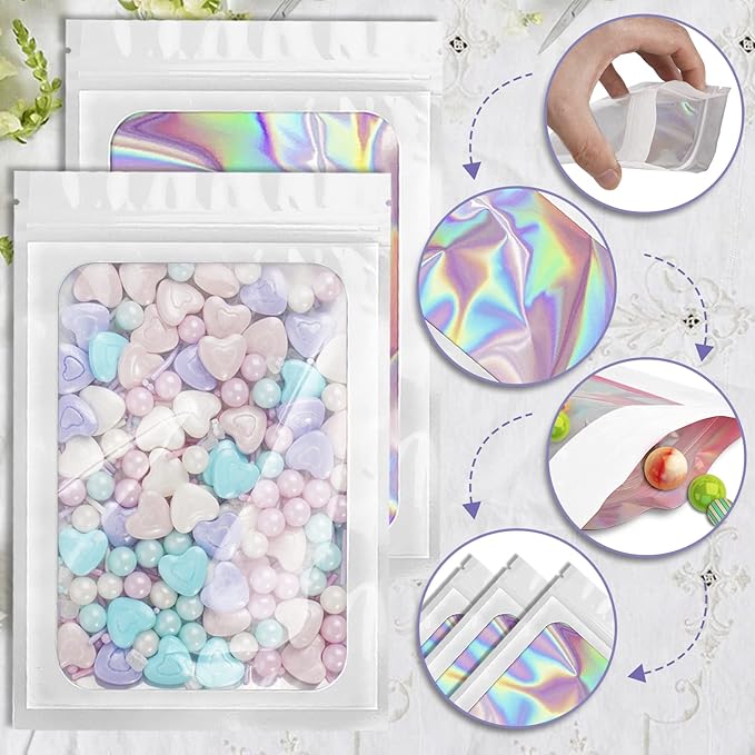 100 Pieces Smell Proof Mylar Bags, Holographic Packaging Bags, Resealable Odor Foil Pouch Zipper Bag with Clear Window for Food Storage and Lipgloss, Jewelry Lash(White, 4 x 6 Inch)-BrightBean Baby
