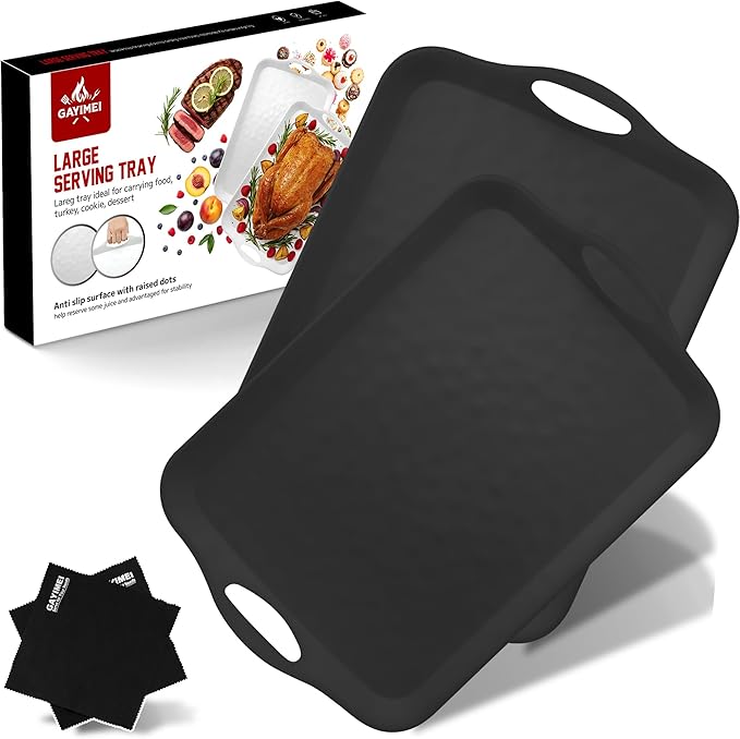 20" x 13" Large Serving Platters for Turkey, Cookie, Cupcakes, Gift Ready Melamine Serving Tray with Handles for Party Entertaining, Raised Dots & Matt Finish, Set of 2, Black