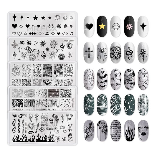 MRFOX 5 Pcs Nail Plates Stamping Set Marbled Punk Spider Web Heart Star Theme Leaf Nail Art DIY Stamping Template-BrightBean Baby