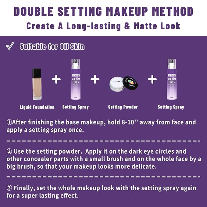 UCANBEMAKUP Long Lasting Makeup Setting Spray Kit- 6.76 Fl oz Hydrating Matte Finish Mist Lightweight Face Make up Fixer +Translucent Loose Setting Powder+2PC Sponge Puff Set-BrightBean Baby