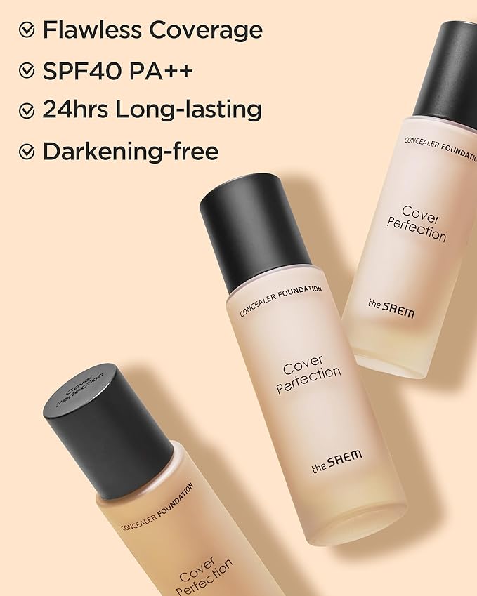 THESAEM Cover Perfection Concealer Foundation - 24H Coverage, Light Liquid Texture - Ideal for Oily, Combination Skin, Provides Semi-Matte, Smooth Finish, 1.01 fl.oz. (1.5 Natural Beige)-BrightBean Baby