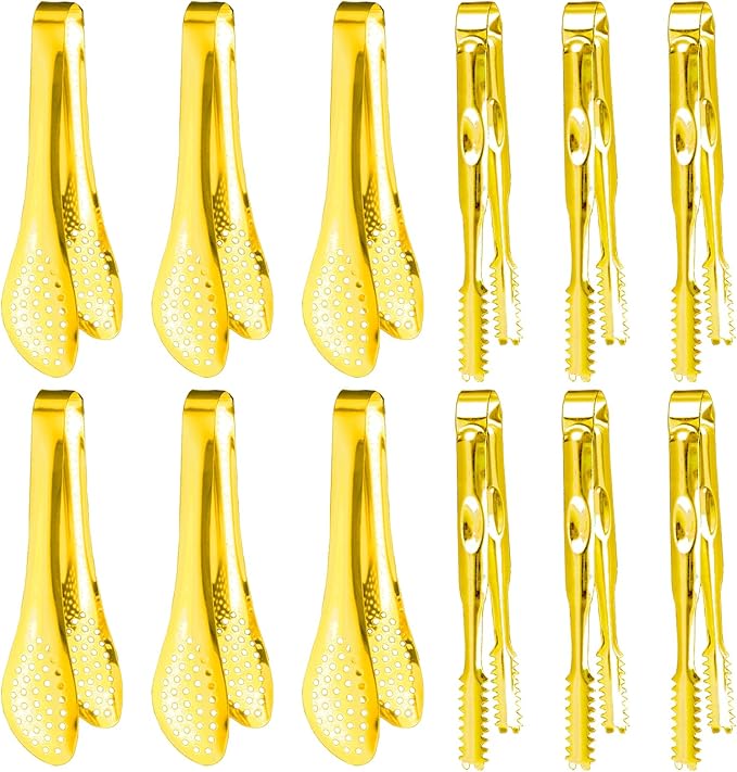 12-Piece Mini Tongs - 5-Inch Stainless Steel Salad Tongs, Small Tongs for Serving Food, Mini Serving Utensils for Appetizers, Party, Coffee, Desserts (Gold)