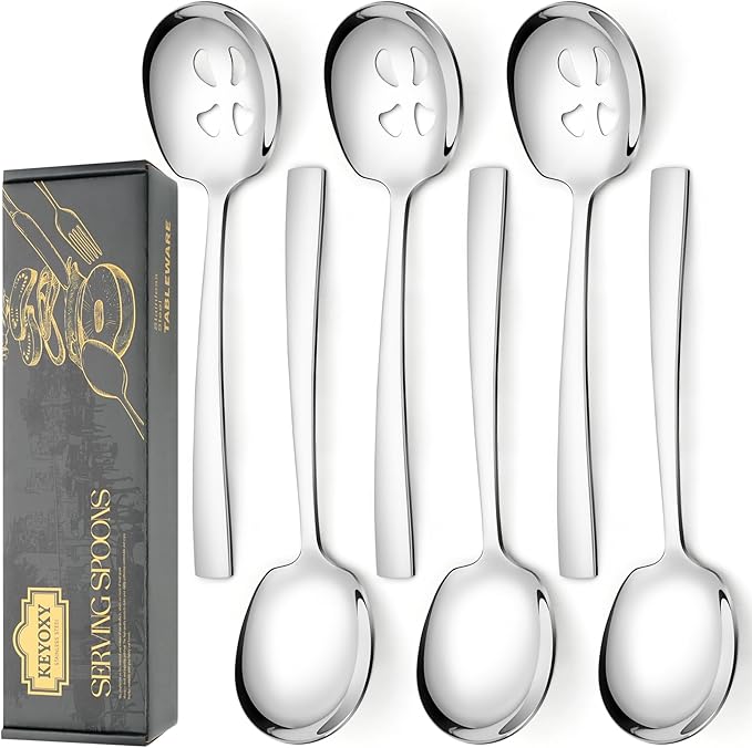 6 Piece Stainless Steel Serving Spoons Set - 3 Large, 3 Slotted, 9.2-Inch, Dishwasher Safe, for Parties/Kitchen/Buffet/Catering