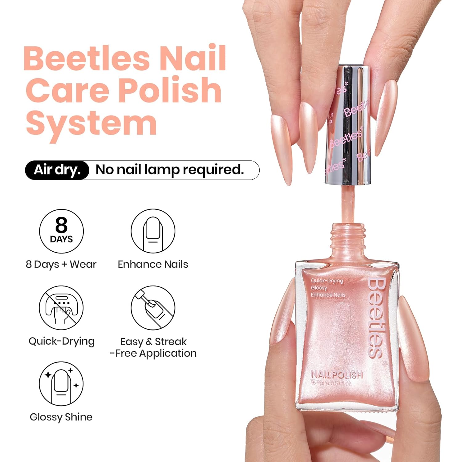 Beetles Pearly Pink Nail Polish,Fast Air Dry, No UV Needed –Perfect for Party, Long-Lasting Neutral Color for DIY At-Home or Salon Use, 15ml/0.51oz-BrightBean Baby