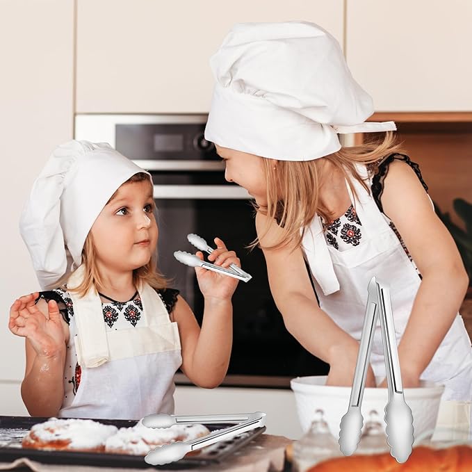 4 Pack Serving Tongs for Buffet,Metal Kitchen Tongs,Stainless Steel Food Tongs, Small Tongs for serving, Silver (7IN)