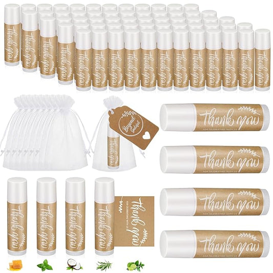 100 Set Thank You Lip Balm Bulk Small Natural Moisturizing Mini Lip Balm with Organza Bag and Card for Baby Wedding Bridal Shower Thank You Favors Bridesmaid Gifts Women Guests-BrightBean Baby