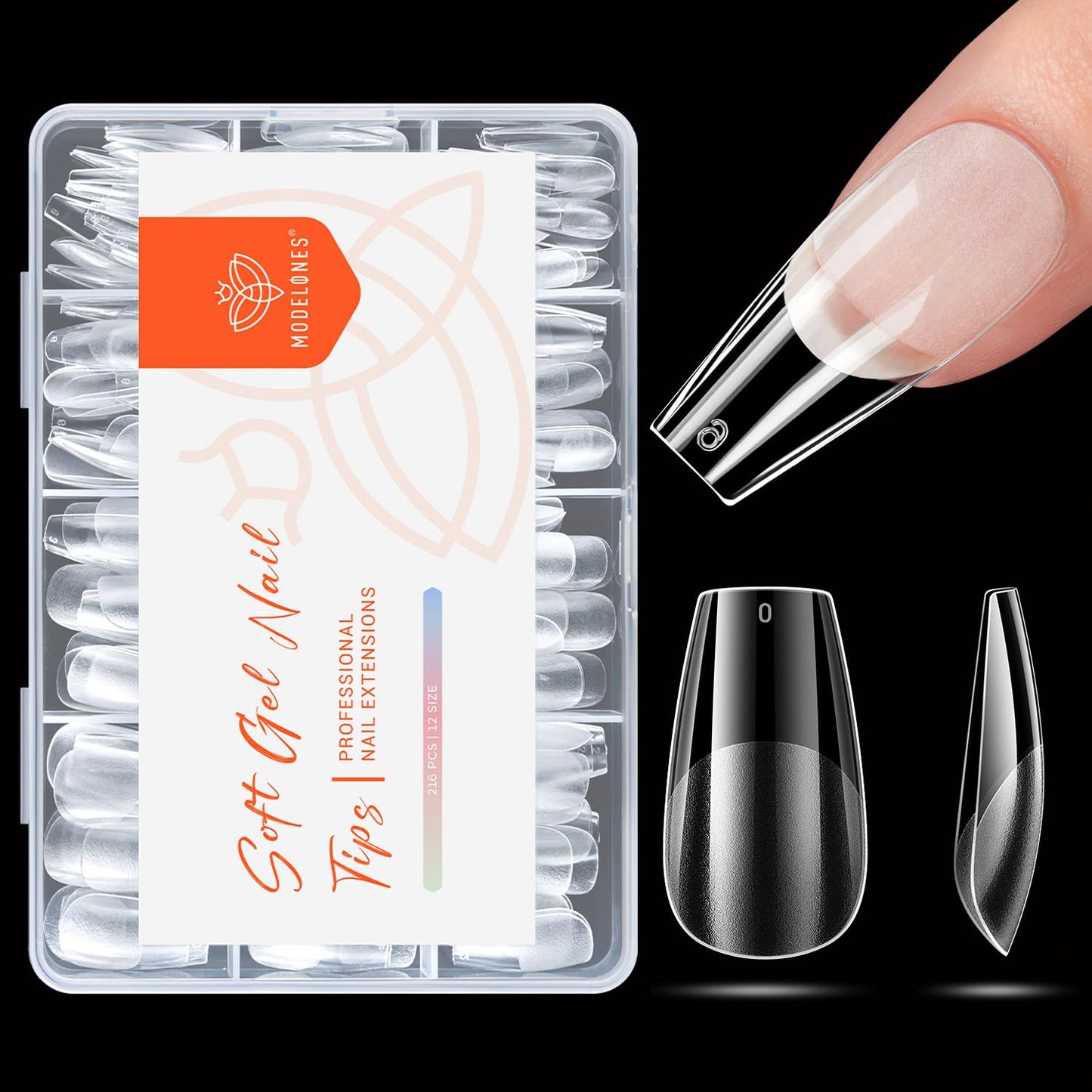 modelones Medium Coffin Nail Tips, Pre-shaped Soft Gel Tips Fake Nails False Acrylic Clear Full Cover Press on Extension Kit Gel Manicure DIY at Home 216PCS 12Sizes-BrightBean Baby