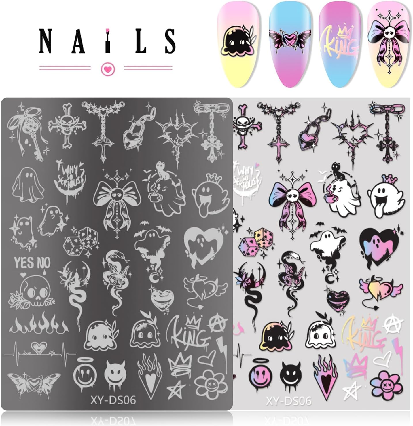 4Pcs Gothic Cute Nail Stamping Plate Set - Dark Kawaii Nail Art Templates, Stainless Steel Spooky Sweet Nail Stamp Plates with Skull & Lace Patterns for Halloween DIY Manicure Printing Tools-BrightBean Baby