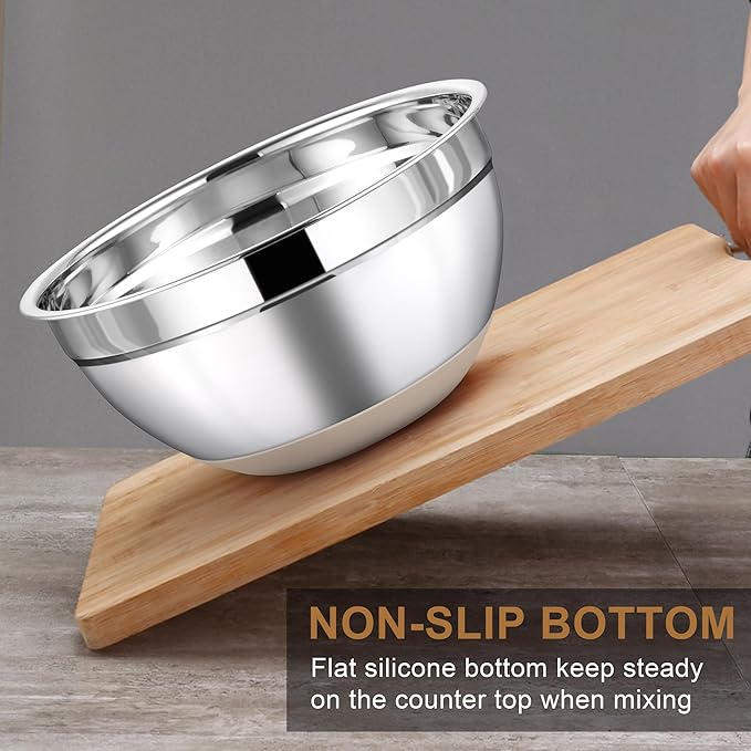 LIANYU Stainless Steel Mixing Bowls Set with Airtight Lids, 6 Piece Nesting Metal Bowls for Kitchen Baking Cooking Serving Food Storage, Size 7, 3.5, 2.5, 2, 1.5, 1QT, Non-slip Bottom, Khaki